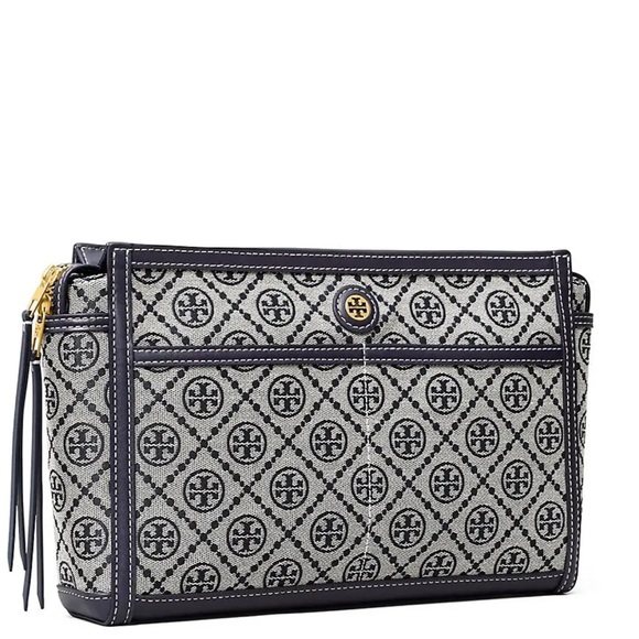 Tory Burch T Monogram Jacquard Travel Pouch
Navy and cream, leather trimmed - Picture 1 of 7